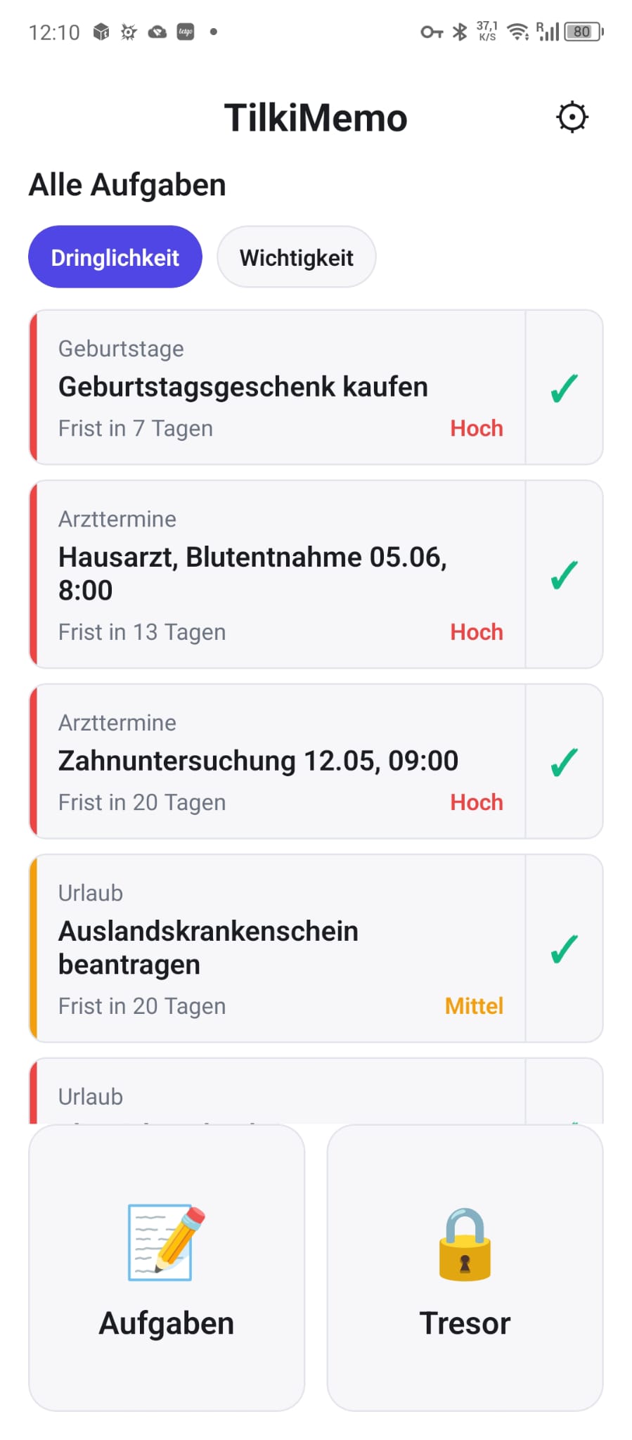 Startbildschirm — alle Aufgaben